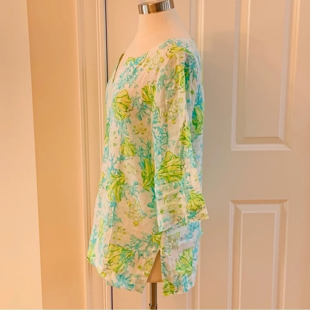 J Jill Love Linen Tunic Blouse Top Size M Blue Green Sea Turtle Print *flaw Read
